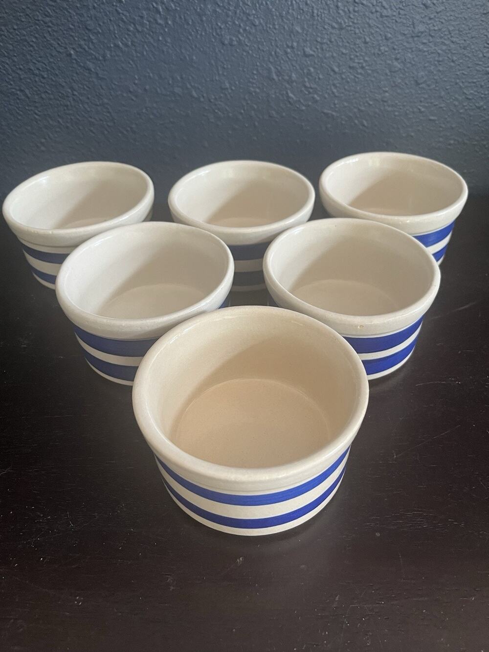 Vintage Roseville Ohio USA Stoneware Ramekins Blue Stripe 4” Set Of 6